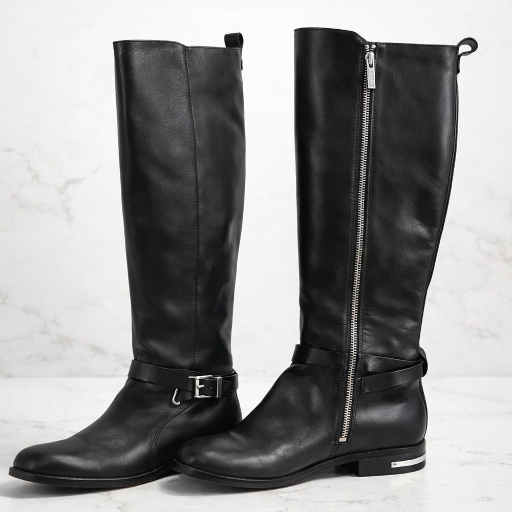 Michael Kors Arley Tall Riding Boots Black Leather Size 7 Silver Hardware Zipper